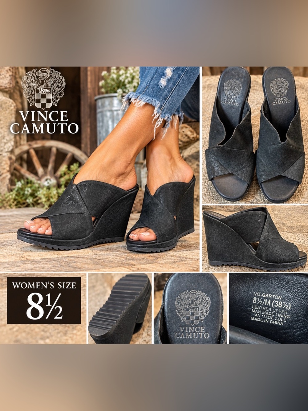 Vince Camuto Women’s Black Leather Slide Sandals 8.5